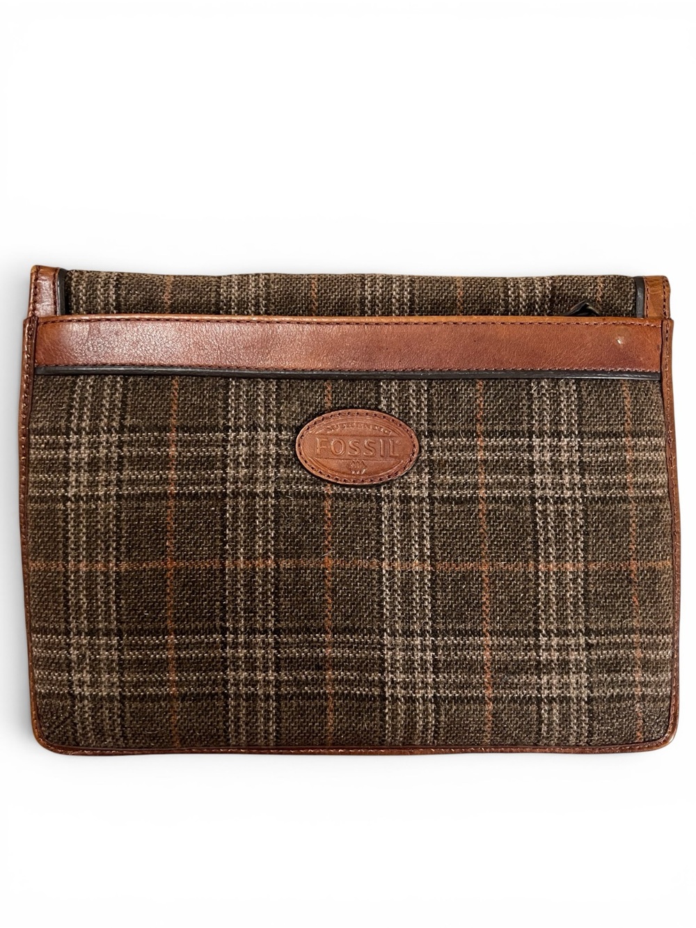 Fossil RARE Vintage Alpine Wool Plaid & Leather Clutch Document Bag Unisex